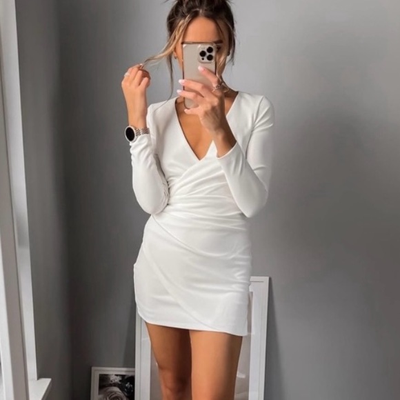 Zara white mini dress draped wrap long sleeve shower party wedding - Picture 3 of 9
